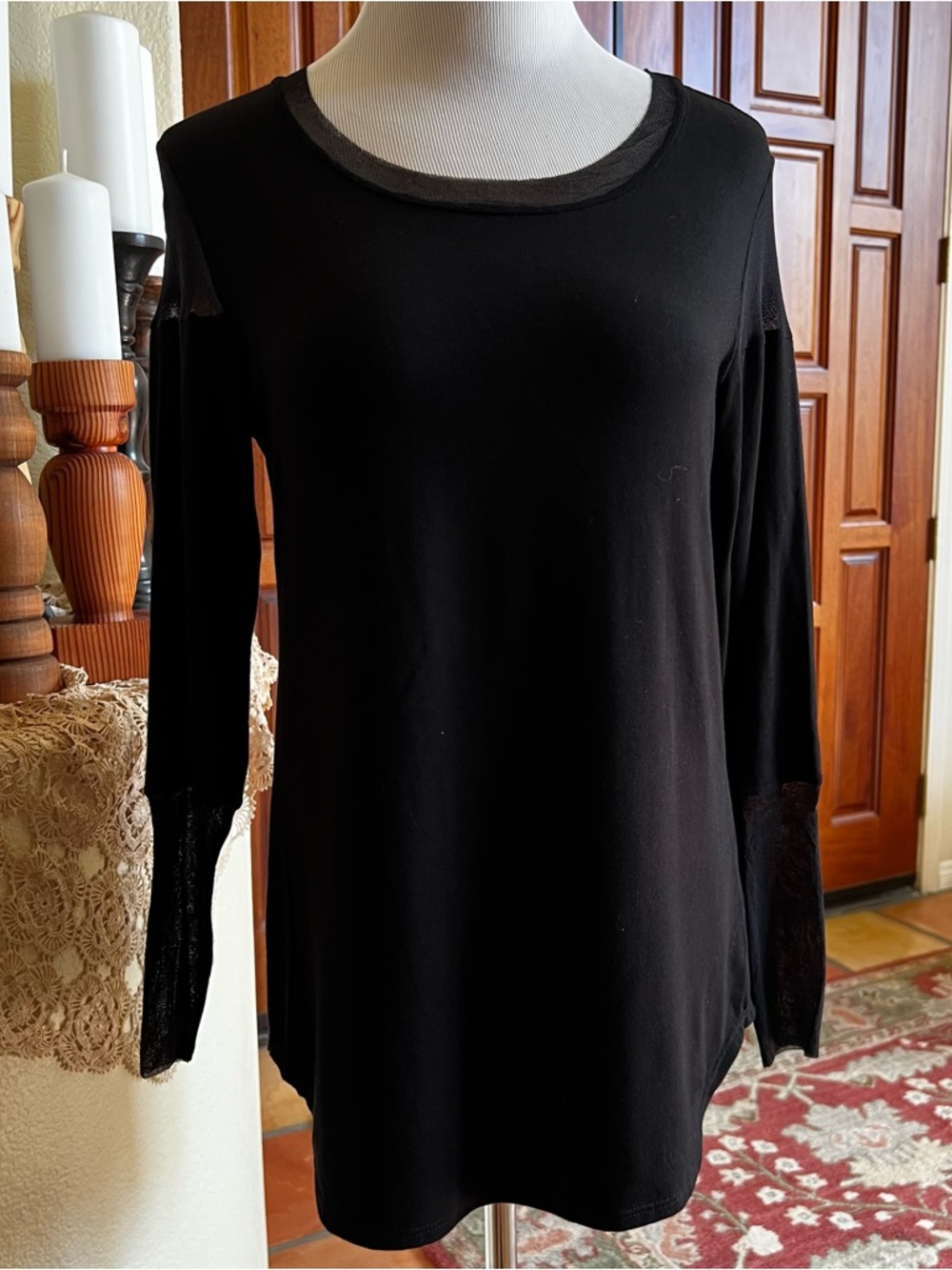 Jude Women's Black Top Shirt Size S Rayon Spandex Sheer Sleeves Scoop Neck
